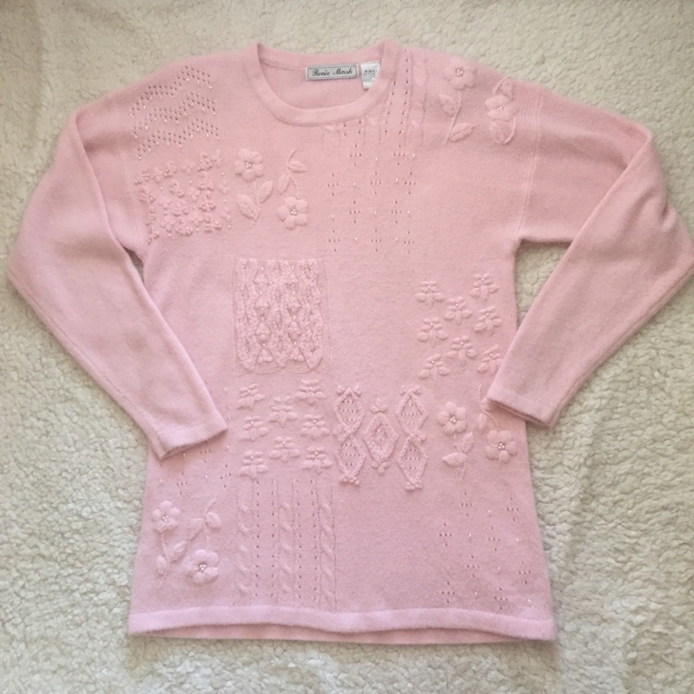Vintage Patchwork Pearls Fuzzy Pink Fuzzy Sweater